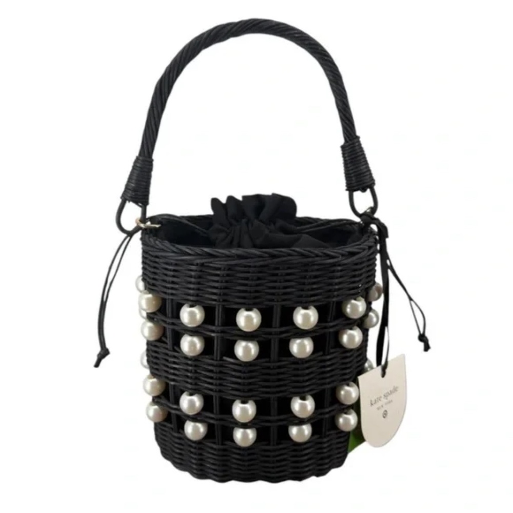 Kate Spade Target Pearl Embellished Black Woven Basket Bucket Bag Purse NWT